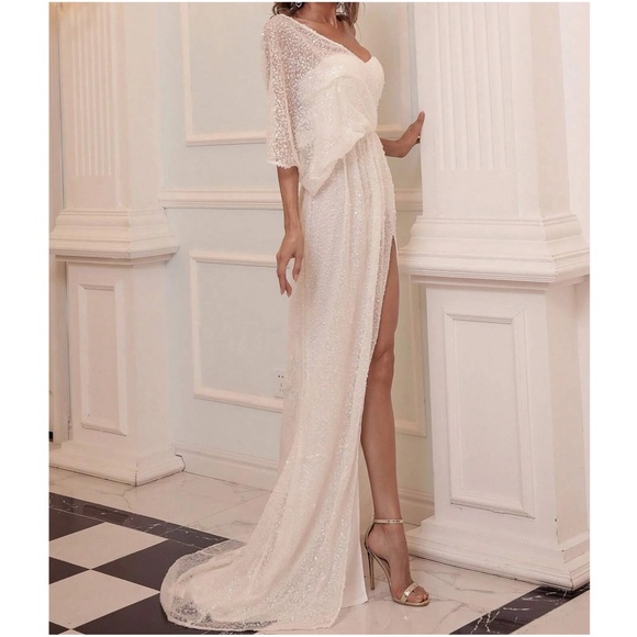 Luxe Sequin One Shoulder Evening Formal Wedding Dress - Picture 5 of 8